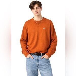 Vintage Express Men’s 100% Lambs Wool Orange Pullover V-Neck Sweater Size Large